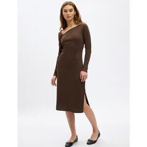 GAP Factory Ribbed Asymmetrical Midi Dress Woodsy Brown NWT